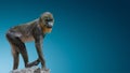 Banner with portrait of young colorful and curious African mandrill at smooth gradient blue background with copy space, closeup,