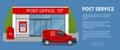 Banner Post office service with postman riding car for delivery. Vector illustration on background