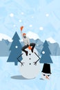 Banner postcard collage of cheerful funky carefree guy making sculpturing snowman rejoicing winter time isolated on