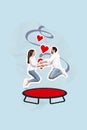 Banner postcard collage magazine of happy wife husband have fun free time jumping trampoline rejoicing isolated on blue