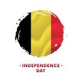 Banner or poster of Belgium Independence Day celebration. Waving flag of Belgium, brush stroke background. Vector illustration.