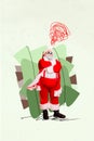 Banner poster collage christmas card of confident santa claus prepare for midnight eve party on decorated background