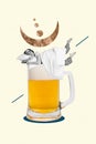 Banner poster collage of lady make hard party hangover sleep beer decorated bed drawing 3d background