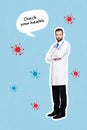 Banner poster collage of qualified young doc crossing hands around bacteria cells advertise check your health
