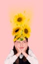 Banner poster collage of thoughtful negative kid girl with sunflowers brain have thoughts about school end feel fatigue Royalty Free Stock Photo