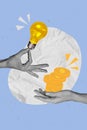 Banner poster collage of two people hands exchange light lamp bulb buying gold coins on blue pastel color background