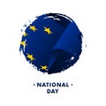 Banner or poster of Europe National Day celebration. Waving flag of Europe, brush stroke background. Vector illustration.