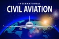 Banner, poster, flyer with Airplane and earth. Plane on sunny blue background, civil aviation airliner. Commercial