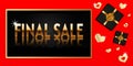 Banner, poster, inscription in gold color on a dark background. Black box with a gold bow. Final sale