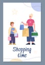 Banner or poster with mother and child going shopping, flat vector illustration.
