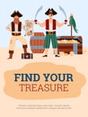 Banner or poster for pirate party or quest game flat vector illustration. Royalty Free Stock Photo