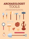 Banner with archaeologists tools for excavating, flat vector illustration.