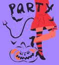 Banner for Halloween party with devil girl legs vector illustration on purple