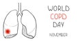 Banner or poster for World COPD Day. Human lungs outline with dot of pain and illness, inscription on white. Medical