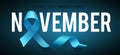 Banner for Prostate cancer awareness month in november. Word november with realistic blue ribbon. Design template poster Royalty Free Stock Photo