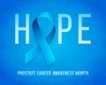 Banner for Prostate cancer awareness month in november. Word hope with realistic blue ribbon. Design template for poster Royalty Free Stock Photo