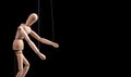 Banner with puppet on strings. Authority, domination, influence or addiction concept. Marionette in human hand. Place Royalty Free Stock Photo