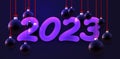 Banner with purple 2023 sign with violet hanging baubles