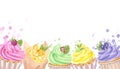 Banner rainbow multicolored cupcakes muffins, sweet whipped cream. Berries, citrus fruits, chocolate, leaf. Hand drawn