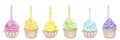 Banner rainbow multicolored cupcakes muffins, sweet whipped cream, candles. Food clipart. Hand drawn watercolor