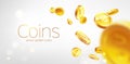 Banner Realistic Gold coins flying. Gray background. Royalty Free Stock Photo