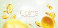 Banner Realistic Gold coins flying. Green background.