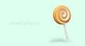 Banner with realistic striped lollipop. Round spiral candy on stick. White orange caramel