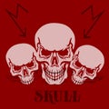Banner on a red background.Three gray skulls, silhouette with sh