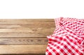 Banner of Red Checkered tablecloth top view  on white background. Brown wooden table. Selective focus. Copy space. Place Royalty Free Stock Photo