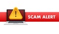 Banner with red scam alert. Attention sign. Cyber security icon. Caution warning sign sticker. Flat warning symbol Royalty Free Stock Photo