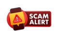 Banner with red scam alert. Attention sign. Cyber security icon. Caution warning sign sticker. Flat warning symbol Royalty Free Stock Photo