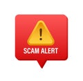 Banner with red scam alert. Attention sign. Cyber security icon. Caution warning sign sticker. Flat warning symbol Royalty Free Stock Photo