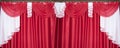 Banner with red and white color pelmet and curtains portiere, silk texture with folds