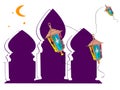 Banner on religious muslim theme ramadan, lanterns and silhouettes of mosques hand-drawn