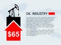 Banner with a rocking machine for oil production and up arrow. high cost per barrel. Template with place for your text. Royalty Free Stock Photo