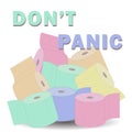 A banner with rolls of colored toilet paper and a call do not panic during virus quarantine. Actual world problem with consumer