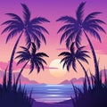 Banner with romantic summer seascape, tropical palm trees on sunset background.
