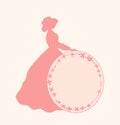 Banner with romantic woman and round floral frame Retro template design in vintage style for cards, labels