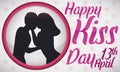 Round Button with Affectionate Couple Silhouette Celebrating Kiss Day, Vector Illustration