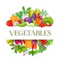 Banner round composition with colorful vegetables for farmers market menu design. Healthy food concept. Vector