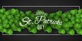 Banner for Saint Patrick`s day. Green clovers on a dark background. Stylish lettering in a frame. Festive cover for your design.