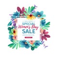 Banner for sale International Happy Women`s Day on flower background. Flyer for March 8 with the decor of flora