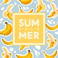 Summer sale poster with yellow banana fruits in realistic style with high details and modern flat elements.