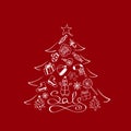 Banner For Sale - Christmas Tree With White Cartoon Elements On The Red Background Royalty Free Stock Photo