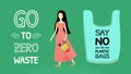 Banner say no to plastic bags, go to wasteless. Asian girl with long black hair in a long pink dress with a string bag with fruit. Royalty Free Stock Photo