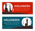 Banner with Scary Halloween House with Ghost and Bats Vector Template Royalty Free Stock Photo
