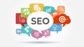 Banner SEO search engine optimization concept. Keywords and pictogram