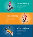 Banner set Fitness woman working out on exercise bike, Young woman with barbell flexing muscles, Pretty girl working out