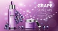 Banner set of grape skin care cosmetics. Facial essence and cream. Purple color. Product placement