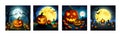 Banner set Jack O Lanterns halloween pumpkins and grave marker on dark foggy Royalty Free Stock Photo